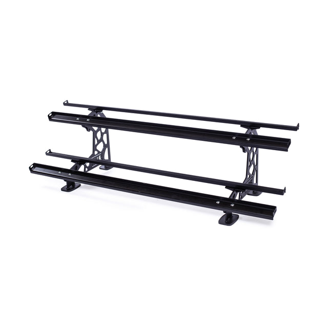 The Bells of Steel Commercial Interchangeable Weight Rack - Components Only features three black metal bars and supportive side brackets for vehicle roof mounting, perfect for transporting cargo like commercial urethane dumbbells. White background shown.