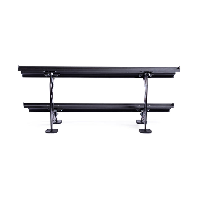 The Bells of Steel Commercial Interchangeable Weight Rack – Components Only features a black metal frame with two horizontal slats, vertical legs, footplates, and space below for a swappable storage shelf. Photographed on a white background.
