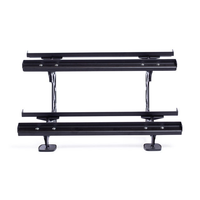 The Bells of Steel Commercial Interchangeable Weight Rack - Components Only has two black metal shelves supported by sturdy vertical bars on flat bases, with a swappable shelf—perfect for storing your gym weights. Shown against a white background.