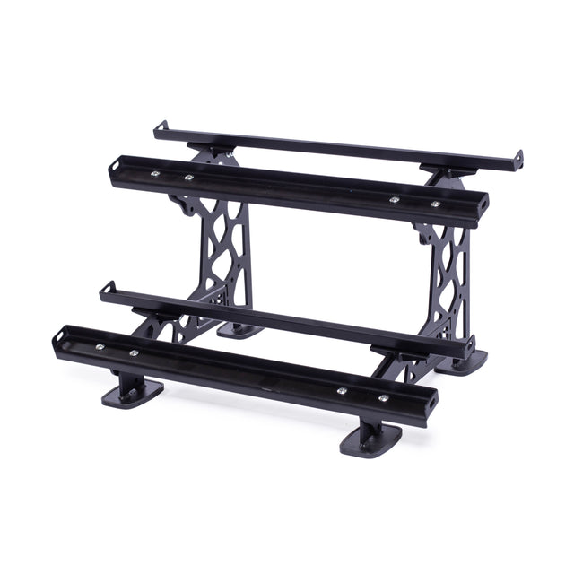 The Bells of Steel Commercial Interchangeable Weight Rack - Components Only features a black metal, three-bar tiered design with cut-out side supports, offering versatile storage for weights or kettlebells—perfect for gym organization.