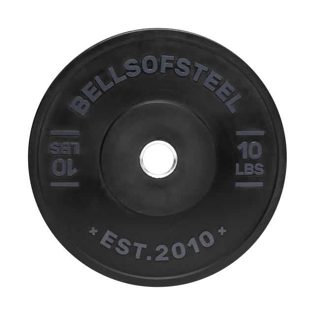The Dead Bounce Conflict Bumper Plates by Bells of Steel, black with "Bells of Steel" and "Est. 2010" embossed, feature a stainless steel insert. These durable rubber plates ensure accurate weight markings on both sides of the 10 lbs plate.