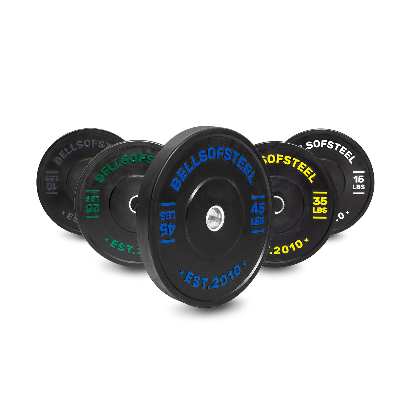 A set of five black Dead Bounce Conflict Bumper Plates by Bells of Steel features colorful text showing weights of 45 lbs, 35 lbs, and 15 lbs in blue, green, and yellow. Each plate has a durable virgin rubber coating and a stainless steel insert with "Bells of Steel" and "Est. 2010.