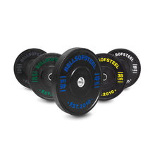 Five Bells of Steel Dead Bounce Conflict Bumper Plates in varying sizes with color-coded weight markings are arranged in a semi-circle, each displaying its weight, “BELLSOFSTEEL,” and featuring a durable stainless steel insert.