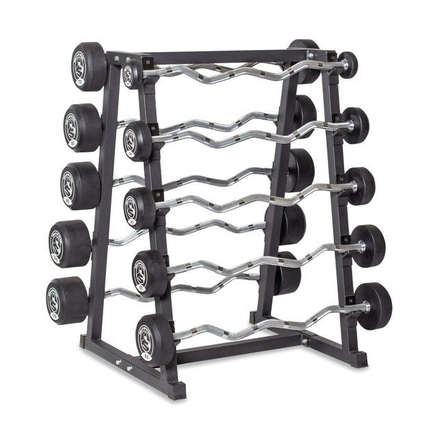 The Bells of Steel Fixed Barbell Rack securely stores five pairs of fixed-weight curl barbells with round weights, organized from heaviest at the bottom to lightest at the top for efficient and tidy barbell storage.
