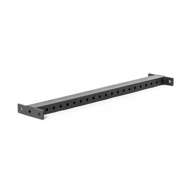 A black metal pull-up bar from Bells of Steel's Hydra Flat Foot Components is displayed on a white background. It has multiple holes for adjustability and flanges at both ends for easy mounting, designed to complement Hydra power racks.