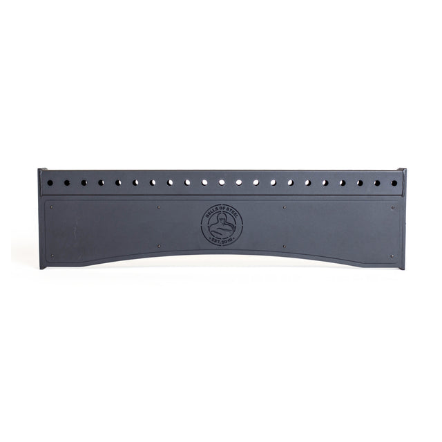 The Bells of Steel Logo Plate Crossmembers is a black panel for the Manticore Rack, featuring a row of top holes, visible corner screws, a curved bottom edge, and a central circular logo with a stylized animal.