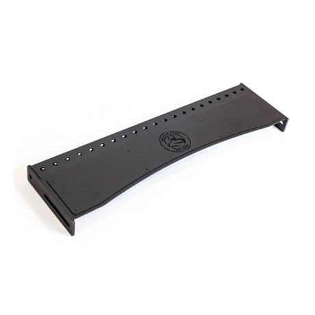 A black, rectangular Bells of Steel Logo Plate Crossmember made of metal features multiple holes along the edges and a circular logo in the center, shown on a white background.
