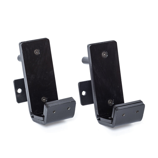 The Bells of Steel Standard J-Cups are black metal wall hooks with rectangular backplates and angled bases, each featuring mounting holes and a side peg—perfect for holding tools or accessories, just like power rack J-Cups.