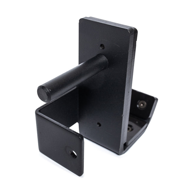 The Bells of Steel Standard J-Cups are black metal wall brackets with a cylindrical rod and rectangular mounting plate, featuring pre-drilled holes for secure object support—similar to power rack J-Cups.