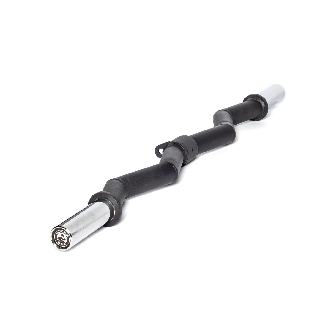 A Bells of Steel Fat Bar - Olympic Curl Bar Cable Attachment, with several lobes and sections like a camshaft, is utilized in internal combustion engines for valve timing control. It features metallic and dark-coated surfaces with cylindrical ends.