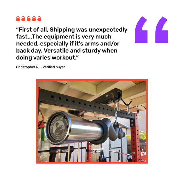 A customer review praises the fast shipping and sturdy Bells of Steel Fat Bar - Olympic Curl Bar Cable Attachment, shown in a close-up photo with grips for grip strength, mounted on a red power rack outdoors.