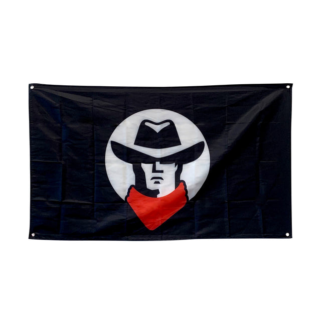 The Bells of Steel Flags feature a black background with a white circle and a stylized cowboy face wearing a wide-brimmed hat and red bandana—ideal for bold gym decor or your home gym.
