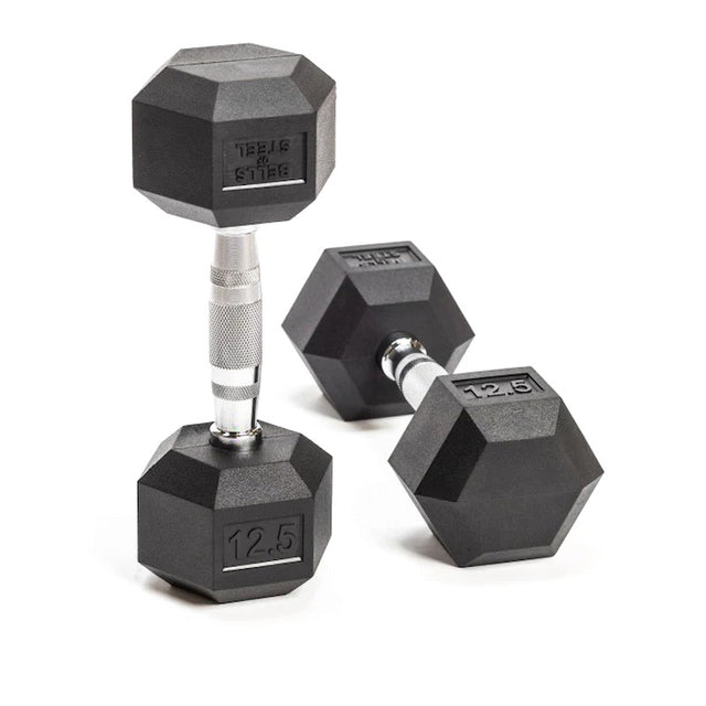 Two Bells of Steel Ergo Rubber Hex Dumbbells with black rubber-coated weights and chrome-plated handles; one lying flat and the other upright, both marked "12.5"—ideal for any bulk set.
