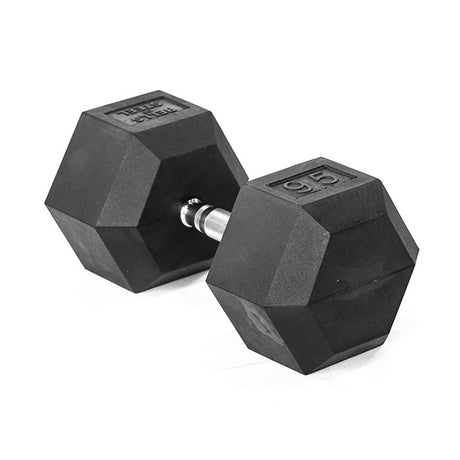 A Bells of Steel Ergo Rubber Hex Dumbbell, featuring a black rubber hexagonal design and metal handle, lies on a white surface with "95" marking its weight.