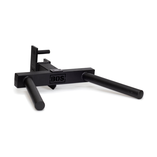 The Bells of Steel Y Dip Bar Rack Attachment is a black metal accessory for fitness racks, featuring two parallel cylindrical bars with a 500lb weight capacity and the BOS logo, ideal for dips. The background is plain white.