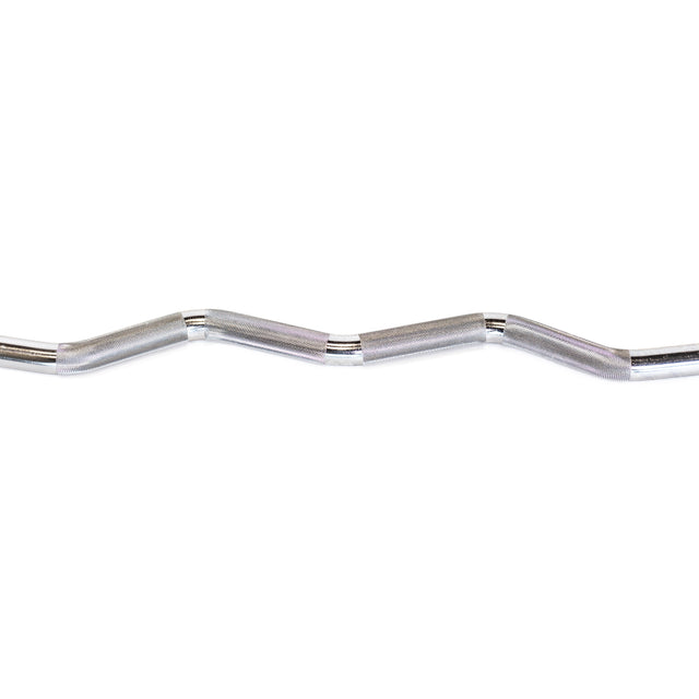 The Bells of Steel Double Hook EZ Curl Bar Cable Attachment, featuring angled chrome-plated grips and a horizontal design on a white background, is perfect for joint-friendly barbell exercises and fits any cable machine setup.