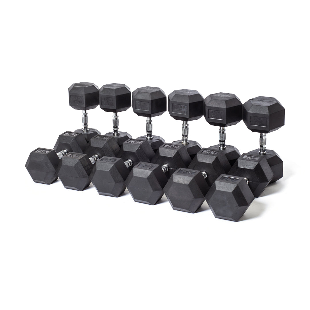 Bells of Steel Ergo Rubber Hex Dumbbell Sets, featuring black rubber hex weights with chrome-plated handles, are arranged in rows on a white background.