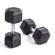 Two Bells of Steel Ergo Rubber Hex Dumbbells, each marked "50" and featuring chrome-plated handles, are set on a white background: one upright, one on its side.