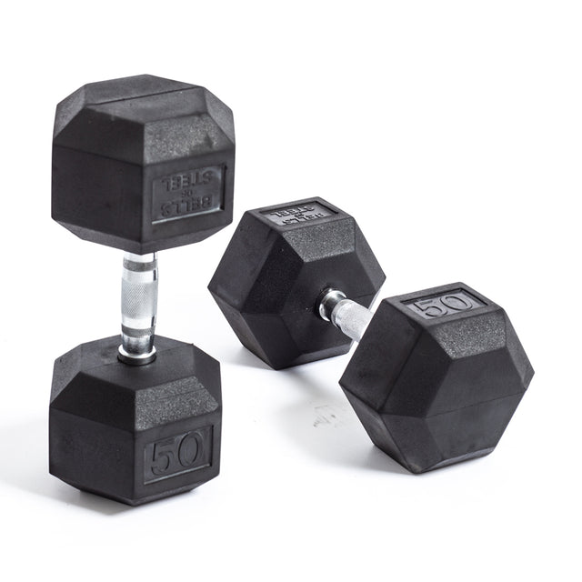 Two Bells of Steel Ergo Rubber Hex Dumbbells, each marked "50" and featuring chrome-plated handles, are set on a white background: one upright, one on its side.