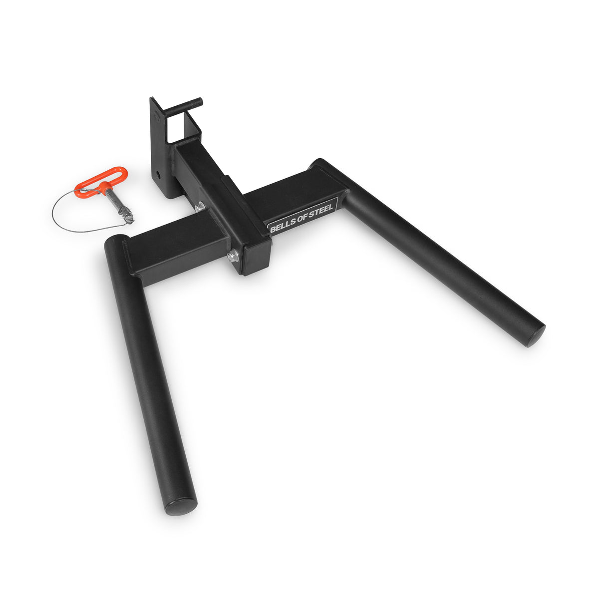 Bells of Steel Y Dip Bar Rack Attachment, a black steel power rack dip station accessory with a separate orange-handled locking pin.