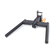 The Bells of Steel Y Dip Bar Rack Attachment, made from heavy-duty black metal, features two parallel rods and a hitch mechanism for lifting and transporting. It includes an orange hook for added functionality and UHMW lining for durability and protection during use.