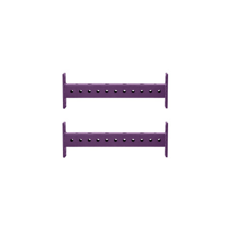 Two horizontal purple metal Hydra Crossmembers by Bells of Steel, each featuring a row of evenly spaced holes, are positioned parallel to each other against a white background.