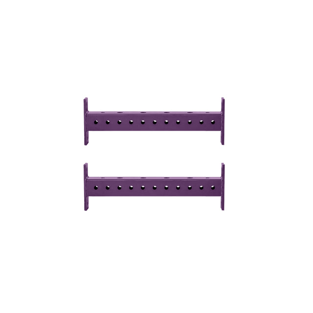 Two horizontal purple metal Hydra Crossmembers by Bells of Steel, each featuring a row of evenly spaced holes, are positioned parallel to each other against a white background.