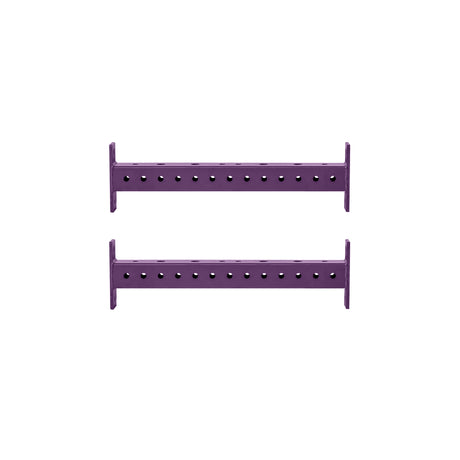 Two identical Hydra Crossmembers by Bells of Steel, each purple with evenly spaced holes, are shown parallel on a white background—ideal for use as Hydra Rack crossmembers or 3x3 rack attachments.