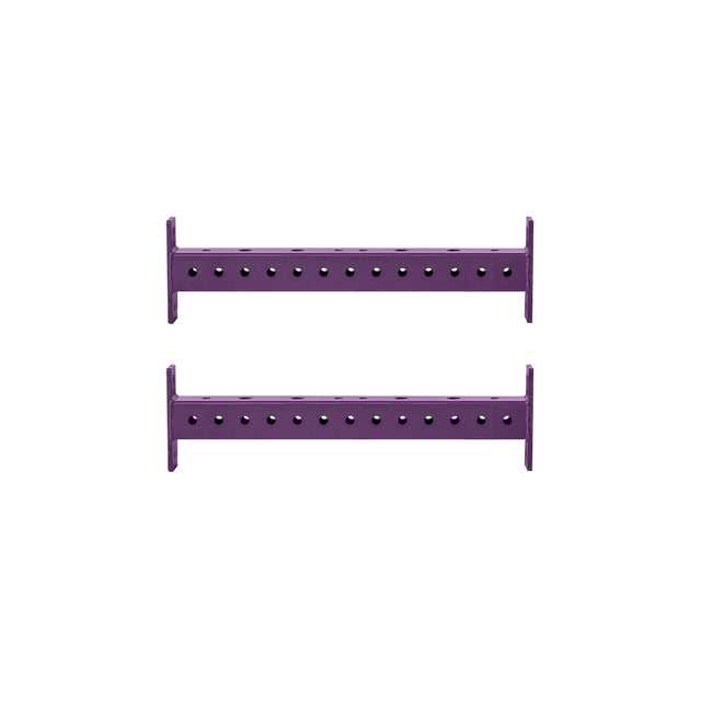 Two identical Hydra Crossmembers by Bells of Steel, each purple with evenly spaced holes, are shown parallel on a white background—ideal for use as Hydra Rack crossmembers or 3x3 rack attachments.