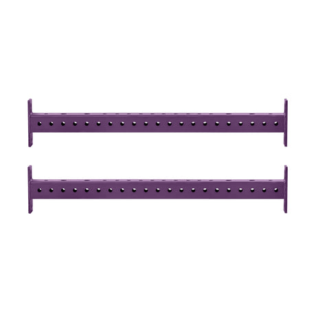 Two horizontal purple metal Hydra Crossmembers from Bells of Steel, featuring evenly spaced holes, are positioned parallel to each other on a white background.