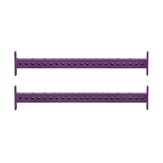 Two horizontal purple metal Hydra Crossmembers from Bells of Steel, featuring evenly spaced holes, are positioned parallel to each other on a white background.