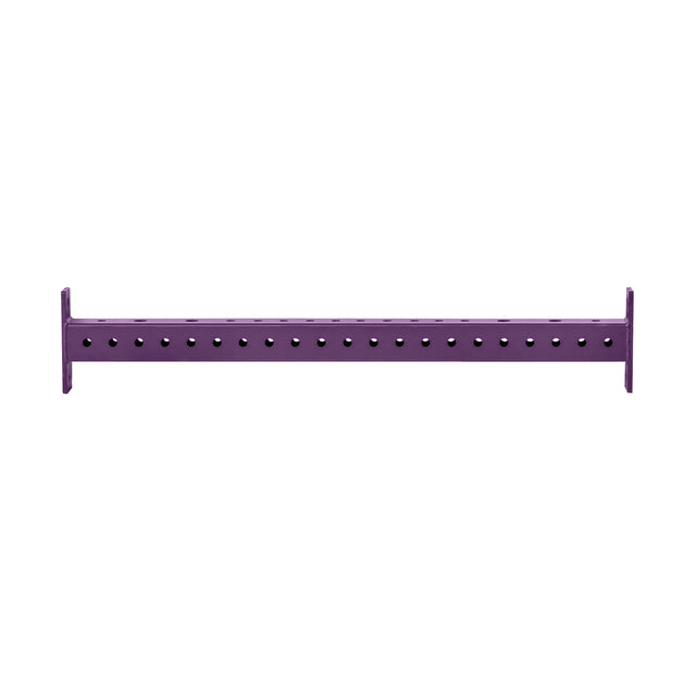 A straight, purple metal Hydra Crossmember by Bells of Steel, featuring evenly spaced holes along its length, is viewed from the front against a white background.