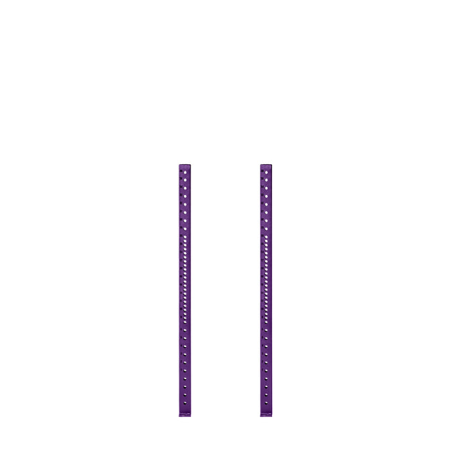 Two purple Hydra Vertical Uprights from Bells of Steel, evenly spaced against a white backdrop. Each features uniformly placed holes throughout its length to fit various attachments, resembling a typical rack design.