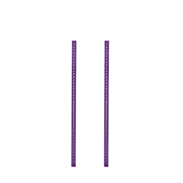 The Hydra Vertical Uprights by Bells of Steel are two sleek purple metal uprights with evenly spaced holes, standing parallel against a white background, perfect for integrating rack attachments seamlessly.