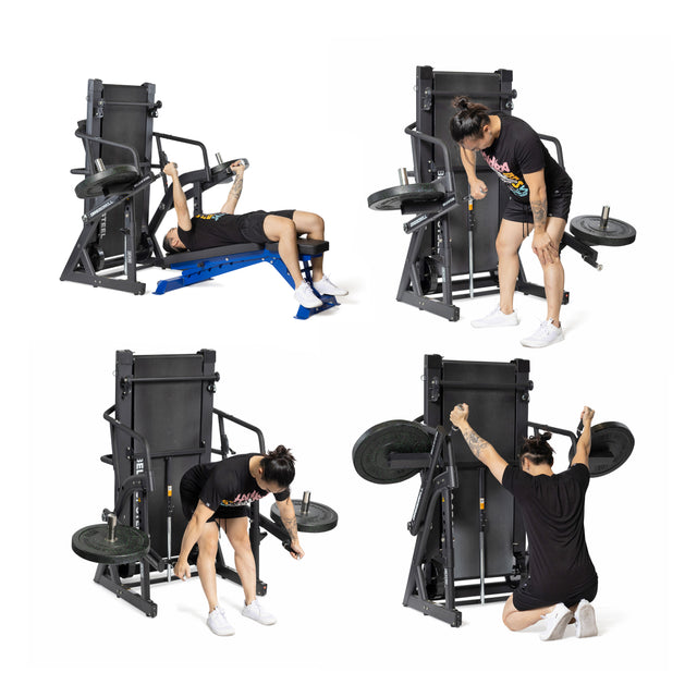 A person showcases four exercises—lying chest press, bent-over row, side bend, and shoulder press—on The Dreadmill by Bells of Steel. Skillfully handling weights with magnetic resistance, they're dressed in a black t-shirt and shorts.