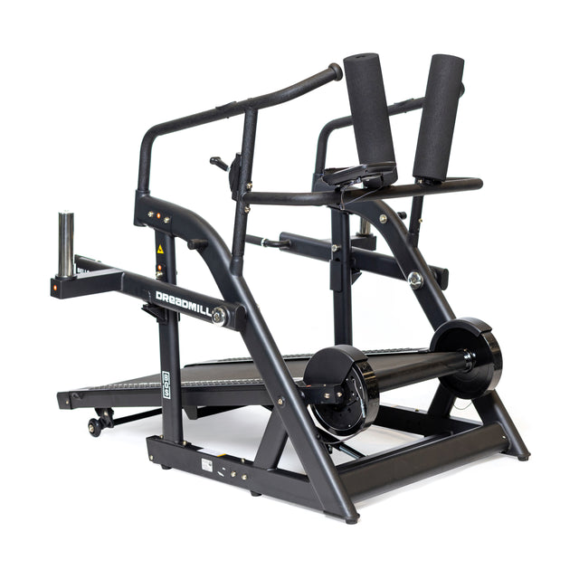 The Dreadmill by Bells of Steel is a black, heavy-duty treadmill perfect for climbing and sprinting. It features magnetic resistance, a large belt, high handlebars with foam grips, and visible branding, all showcased on a white background to highlight its robust construction.