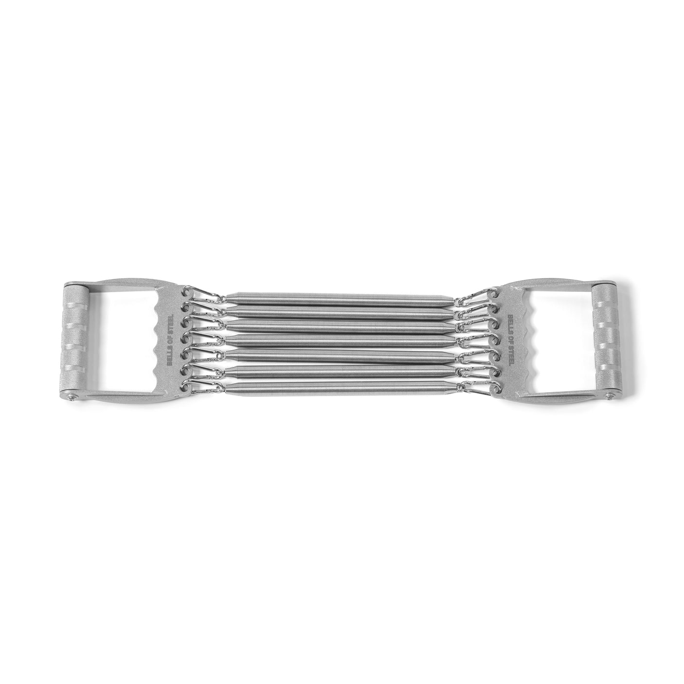 The Bells of Steel Chest Expander, featuring five metal springs and two textured handles for muscle building, is displayed flat on a white background.