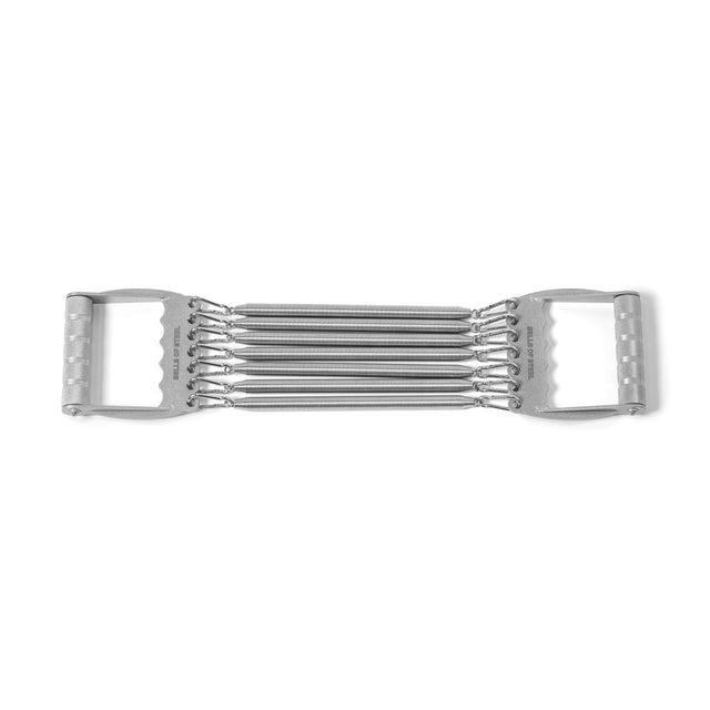 The Bells of Steel Chest Expander, featuring five metal springs and two textured handles for muscle building, is displayed flat on a white background.