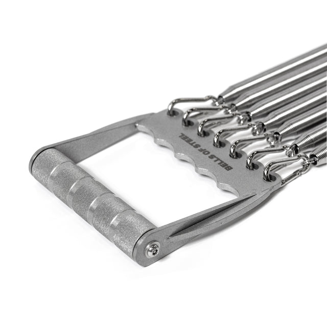 Close-up of the Bells of Steel Chest Expander with multiple coil springs and a textured metal handle, perfect for resistance exercise and muscle building. Ideal for enhancing grip training in your bodybuilding routine.