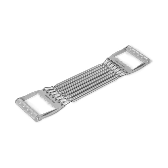 The Bells of Steel Chest Expander is a durable metal tool featuring five resistance springs and handles on each end, ideal for muscle building and strength training.