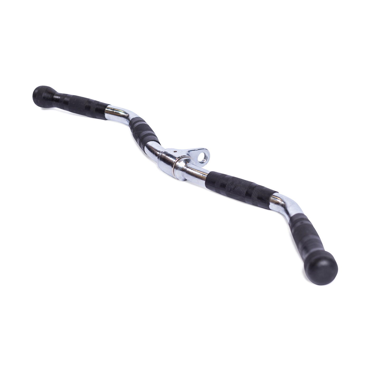 The Bells of Steel Multi Grip Curl Bar Cable Attachment, shown on a white background, features angled chrome handles with rubber-coated grips and black end caps, perfect for weightlifting or isolating arm muscles.