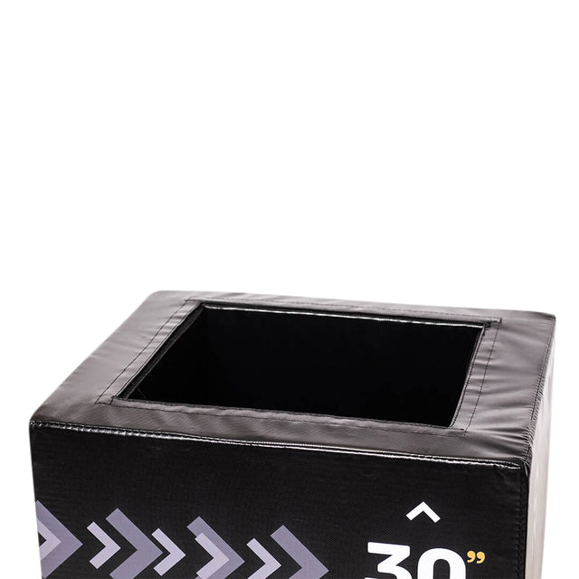 The Bells of Steel 6-In-1 Soft Foam Plyo Box / Squat Box in black features an open top, bold white arrows, and "30" in white text—ideal for versatile workouts and space efficiency, with its empty interior shown against a plain white background.