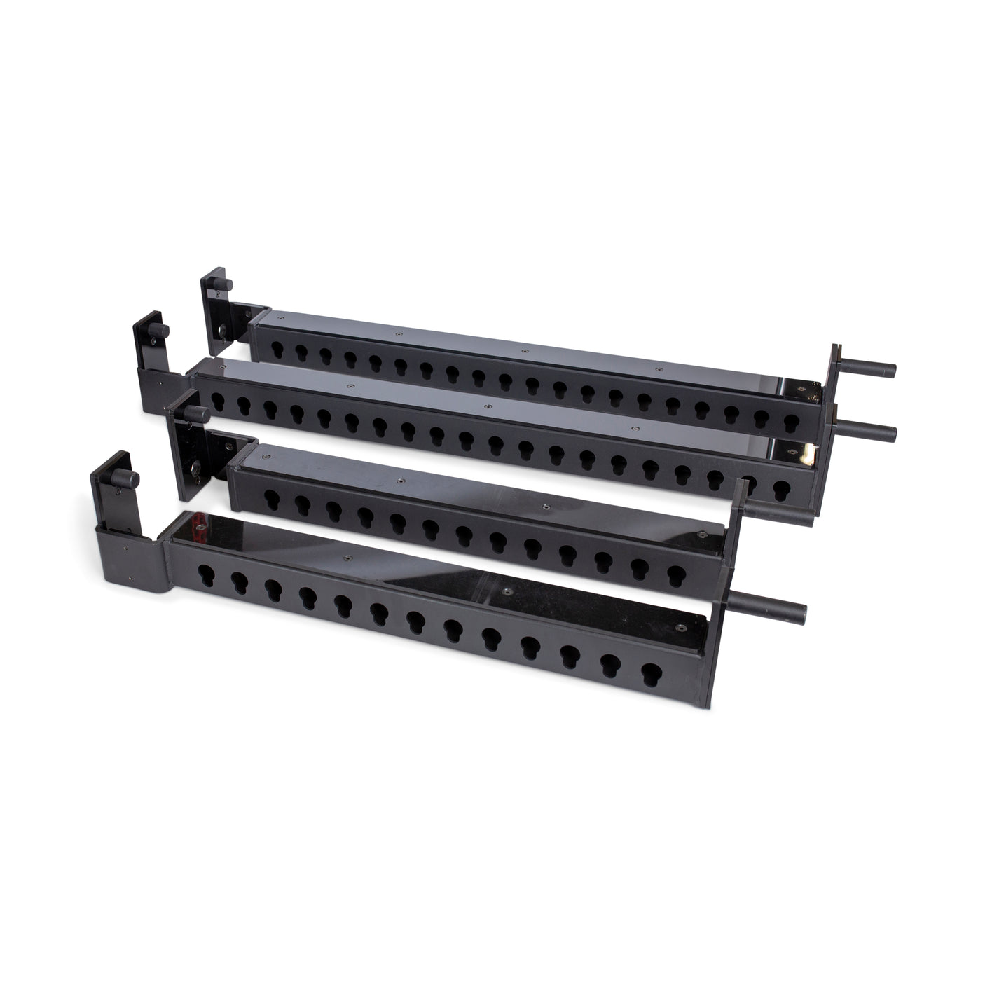 Three black metal Flip-Down Safeties from Bells of Steel are displayed side by side. Each features multiple adjustment holes and secure brackets for enhanced training safety when used with your power rack.