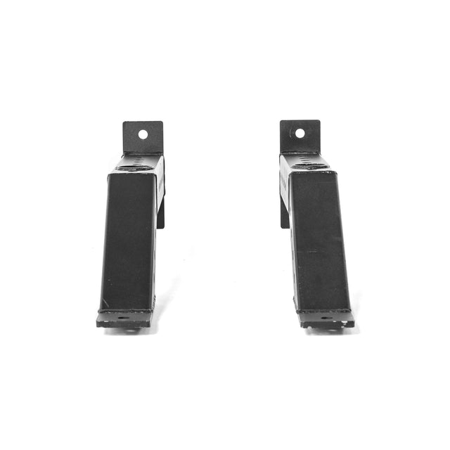 Two Bells of Steel Front Foot Stabilizers, black metal wall brackets with mounting holes for barbell storage, are upright and facing forward on a white background.