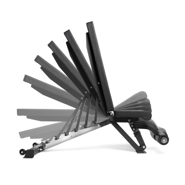 The Bells of Steel Flat/Incline/Decline Weight Bench - Commercial is a black bench with supporting legs and wheels, shown in various positions from flat to upright, highlighting its adjustable angles for targeted muscle workouts.