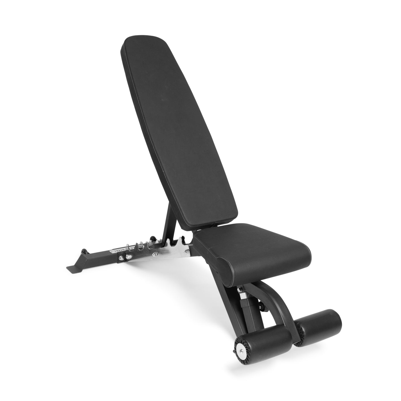 The Bells of Steel Flat / Incline / Decline Weight Bench - Commercial is a black adjustable bench with padded backrest and seat, support bars, and front padded rollers for stability and targeted muscle training.