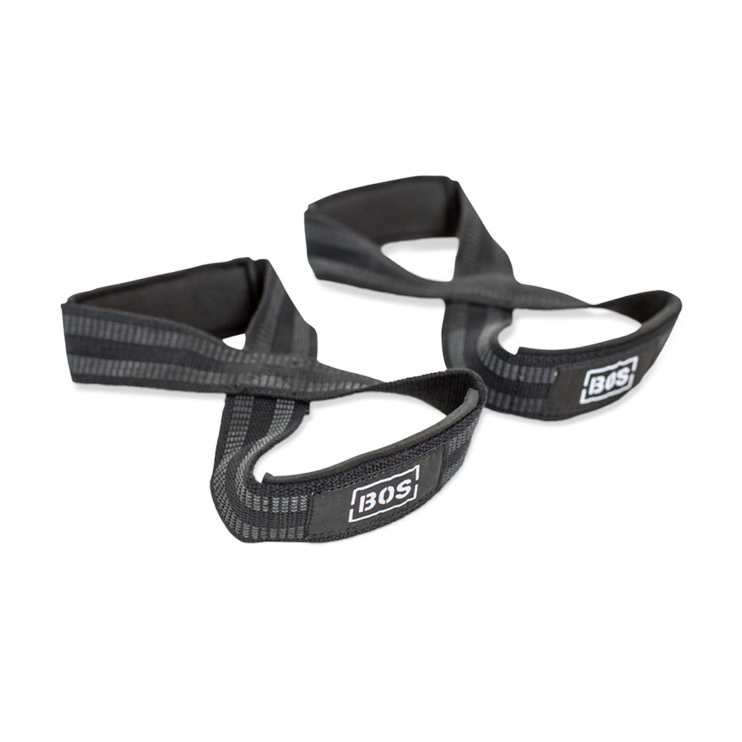 The Bells of Steel Classic Figure 8 Lifting Straps feature reinforced black stitching and a white BOS logo on each, displayed on a white background—perfect for boosting grip strength.