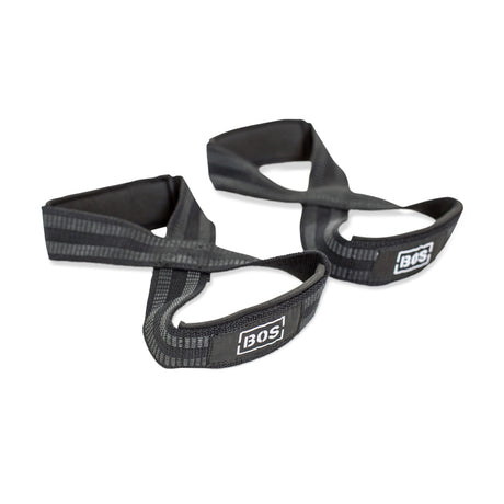 The Bells of Steel Classic Figure 8 Lifting Straps feature reinforced black stitching and a white BOS logo on each, displayed on a white background—perfect for boosting grip strength.