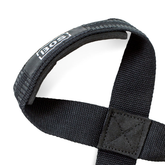 Close-up of Bells of Steel Classic Figure 8 Lifting Straps in black with reinforced stitching, padded "BOS" section, and durable textured material designed to enhance grip strength during heavy lifts.