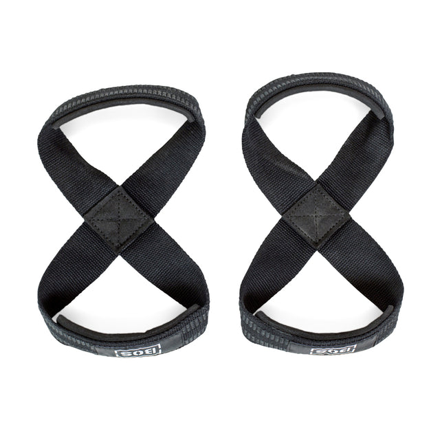 Two black Classic Figure 8 Lifting Straps by Bells of Steel, made of sturdy fabric with reinforced center stitching and “GOE” on the bottom loop, are shown side by side—perfect for enhancing grip strength during workouts.